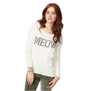 Aeropostale Womens Meow Text Knit Sweater, White, NWT